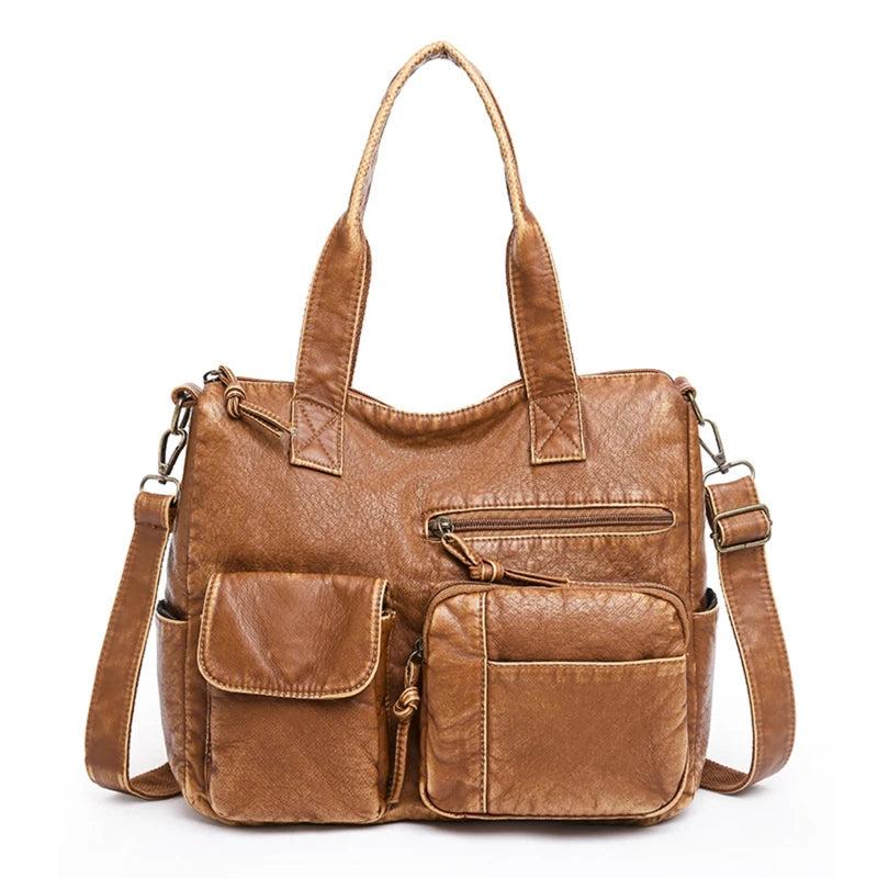 Brown PU Shoulder Crossbody Bags for Women Winter Double Pocket Handbag