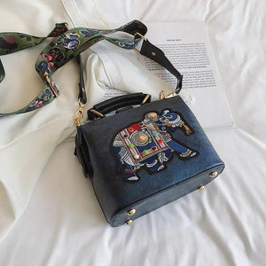 Vintage Elephant Embroidery Shoulder Bag Wide Strap PU Leather Women's Handbag