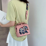 Vintage Elephant Embroidery Shoulder Bag Wide Strap PU Leather Women's Handbag