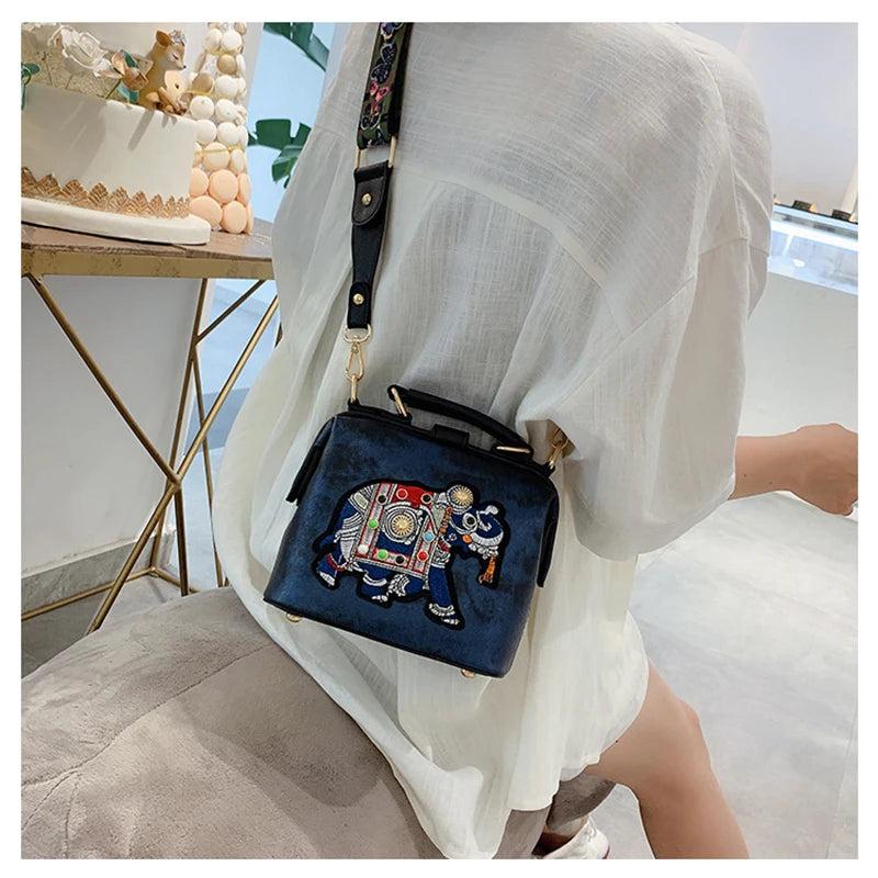 Vintage Elephant Embroidery Shoulder Bag Wide Strap PU Leather Women's Handbag