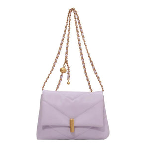 Textured Messenger Bag Chain Stripe Shoulder Bag Golden Beads Square PU Leather