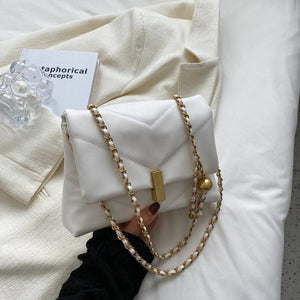 Textured Messenger Bag Chain Stripe Shoulder Bag Golden Beads Square PU Leather