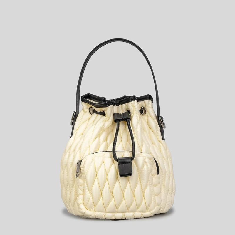 Puffy Padded Bucket Bag Women Ruched Shoulder Crossbody Lattice Handbag