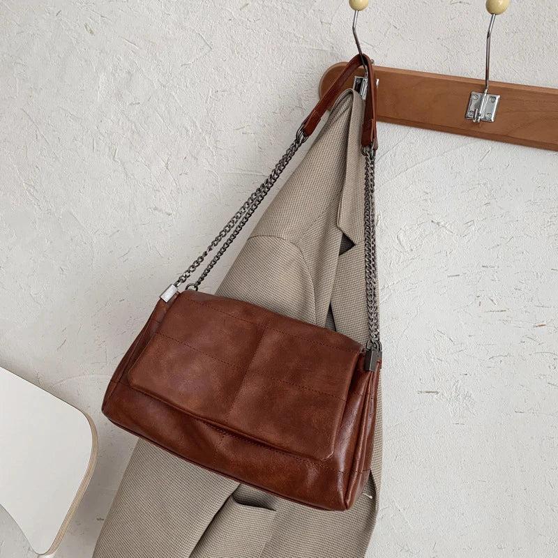 Vintage Chain Messenger Bag Soft Flap Crossbody Pack Women