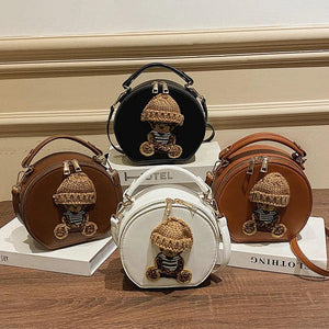 Bear Round Crossbody Bag Vintage Leather Shoulder Bag