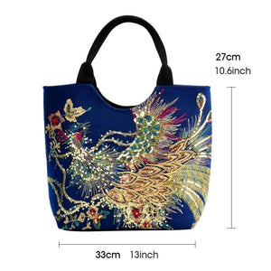 Women Bag Hand Embroidery Sequins Peacock Tote Bags Large Capacity