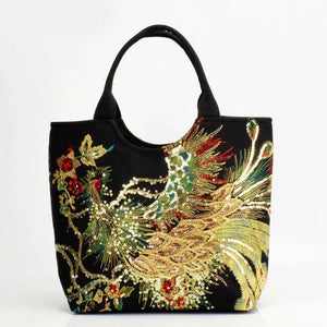 Women Bag Hand Embroidery Sequins Peacock Tote Bags Large Capacity