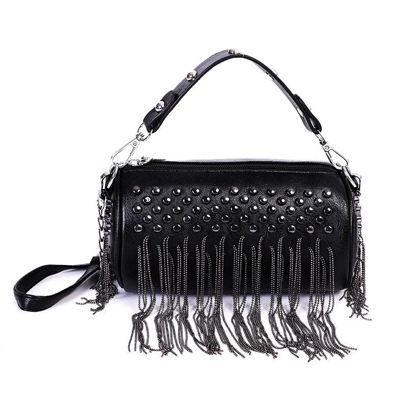 PU Leather Cylinder Rivet Tassel Shoulder Messenger Tote Bag