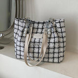Large Capacity Shoulder Bag Contrasting Colors Plaid Tote Chain Beaded Canvas