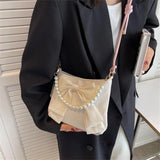 Women's Beaded Bow Crossbody Bag Soft PU Leather