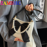 Women's Beaded Bow Crossbody Bag Soft PU Leather