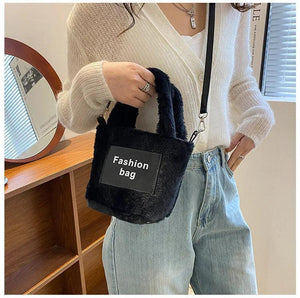 Women's Plush Bucket Shoulder Bag Crossbody Portable Letter Bag