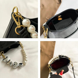 Silver Beaded Shoulder Bag for Women Mini Patent Leather Makeup Hanbag