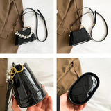 Silver Beaded Shoulder Bag for Women Mini Patent Leather Makeup Hanbag