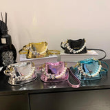 Silver Beaded Shoulder Bag for Women Mini Patent Leather Makeup Hanbag