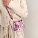 Silver Beaded Shoulder Bag for Women Mini Patent Leather Makeup Hanbag