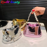 Silver Beaded Shoulder Bag for Women Mini Patent Leather Makeup Hanbag