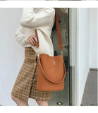 Matte Leather Bucket Bag Wide Strap Crossbody Bag for Women