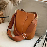 Matte Leather Bucket Bag Wide Strap Crossbody Bag for Women