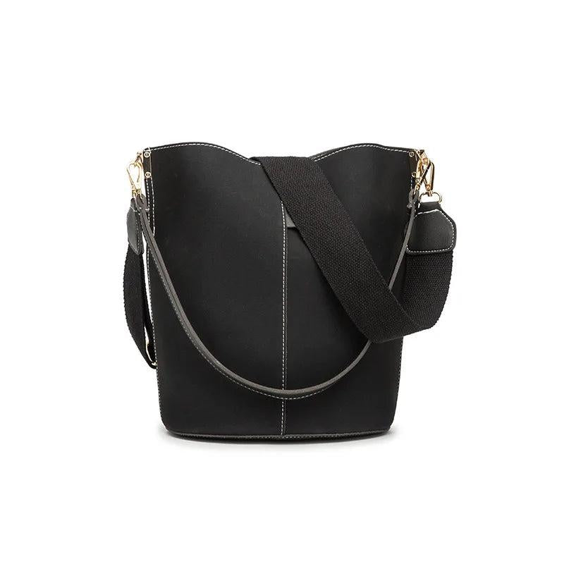 Matte Leather Bucket Bag Wide Strap Crossbody Bag for Women