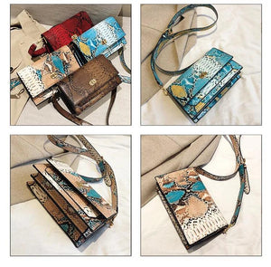 Snake Pattern Flap Bag PU Leather Wide Strap Sling Shoulder Crossbody Bag