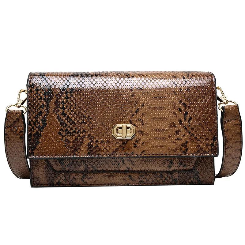 Snake Pattern Flap Bag PU Leather Wide Strap Sling Shoulder Crossbody Bag