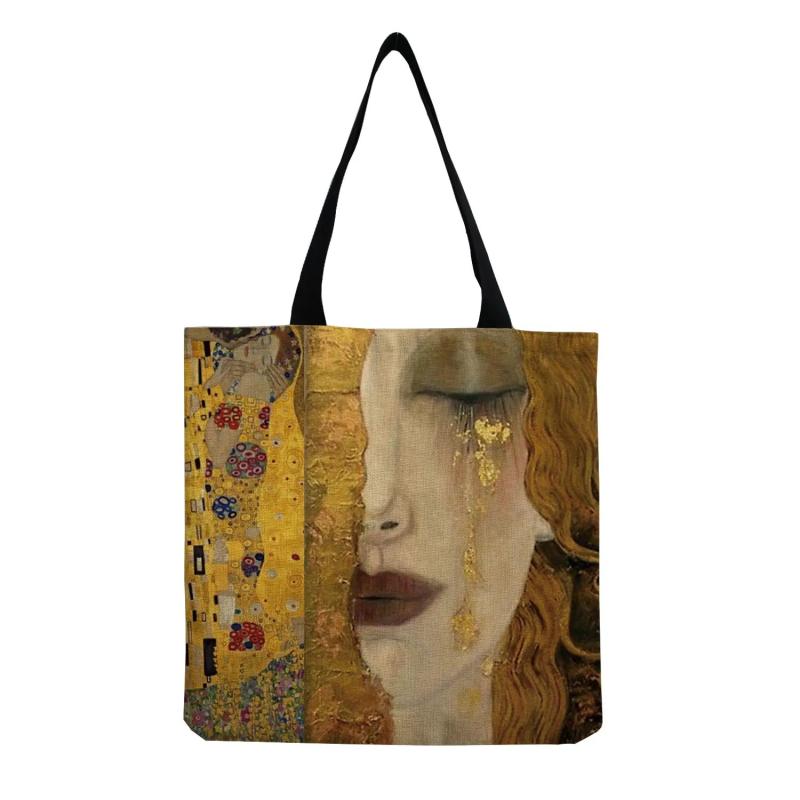 Golden Oil Painting Tears Tote Bag Gustav Klimt Ladies Handbag