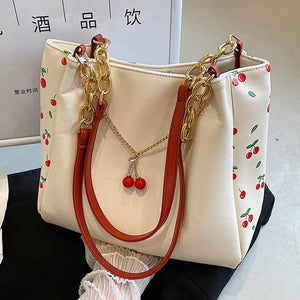 Casual Women Print Pu Leather Cherry Large Capacity Big Totes Shoulder Bags