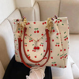 Casual Women Print Pu Leather Cherry Large Capacity Big Totes Shoulder Bags