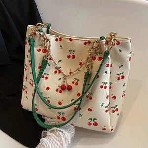 Casual Women Print Pu Leather Cherry Large Capacity Big Totes Shoulder Bags
