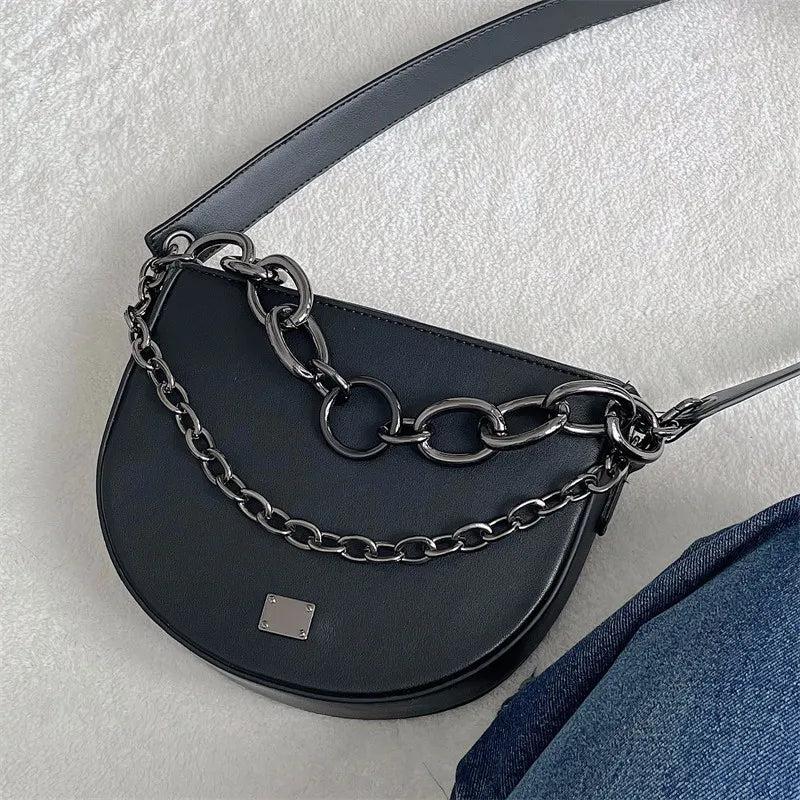 Women's Thick Chain Saddle Bag Shoulder Messenger PU Leather Chain Sling Bag