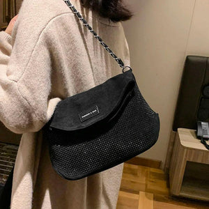Silver Rhinestone Shoulder Bag Suede Crossbody Handbag