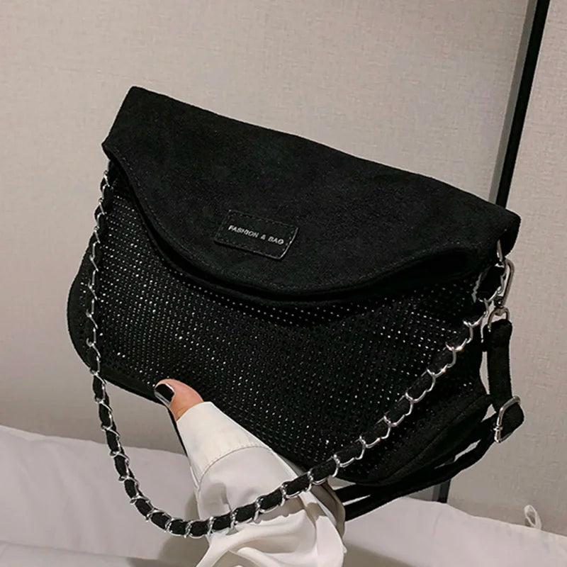 Silver Rhinestone Shoulder Bag Suede Crossbody Handbag