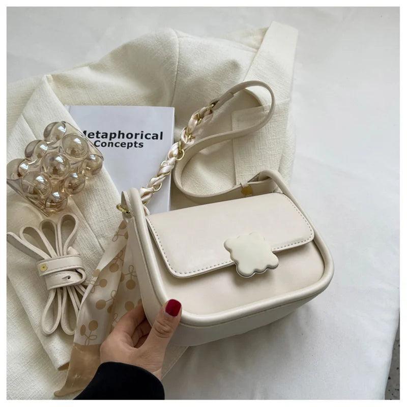 Soft Leather Crossbody Bag for Women with Silk Scarf Decoration