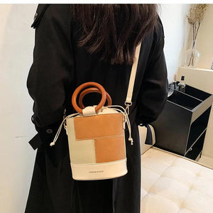 Vintage Leather Bucket Shoulder Bag Women Round Handle Handbag