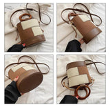 Vintage Leather Bucket Shoulder Bag Women Round Handle Handbag