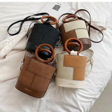 Vintage Leather Bucket Shoulder Bag Women Round Handle Handbag