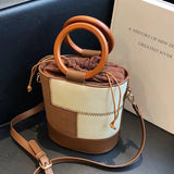 Vintage Leather Bucket Shoulder Bag Women Round Handle Handbag