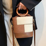 Vintage Leather Bucket Shoulder Bag Women Round Handle Handbag
