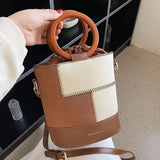Vintage Leather Bucket Shoulder Bag Women Round Handle Handbag