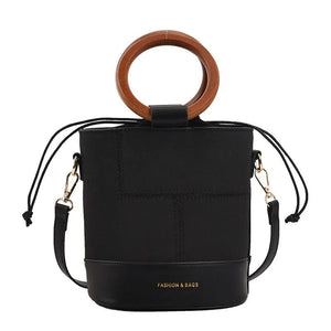 Vintage Leather Bucket Shoulder Bag Women Round Handle Handbag