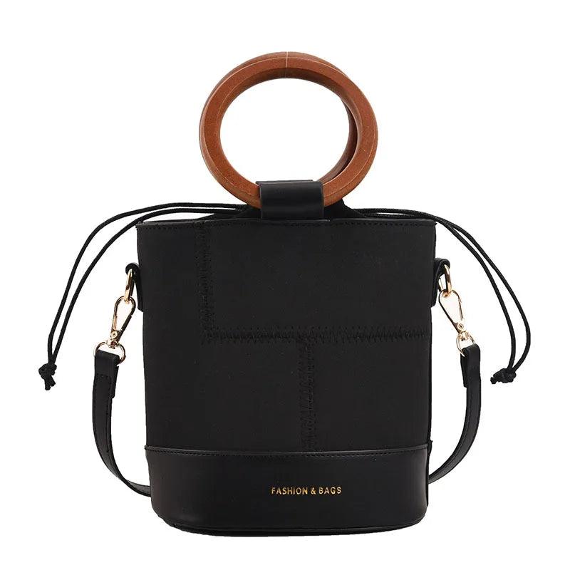Vintage Leather Bucket Shoulder Bag Women Round Handle Handbag