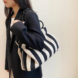 Stripes Women Handbag Large Capacity Thick Chain Shoulder Bags Canvas Big Totes