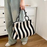 Stripes Women Handbag Large Capacity Thick Chain Shoulder Bags Canvas Big Totes