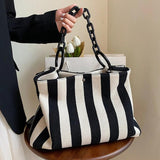 Stripes Women Handbag Large Capacity Thick Chain Shoulder Bags Canvas Big Totes