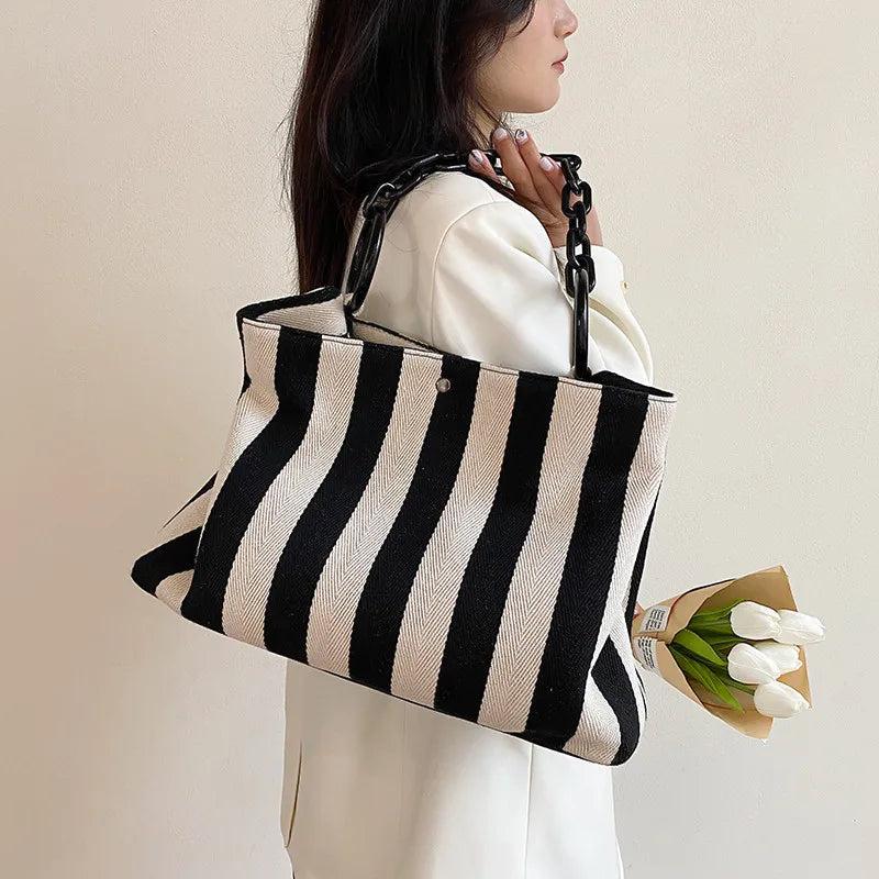 Stripes Women Handbag Large Capacity Thick Chain Shoulder Bags Canvas Big Totes