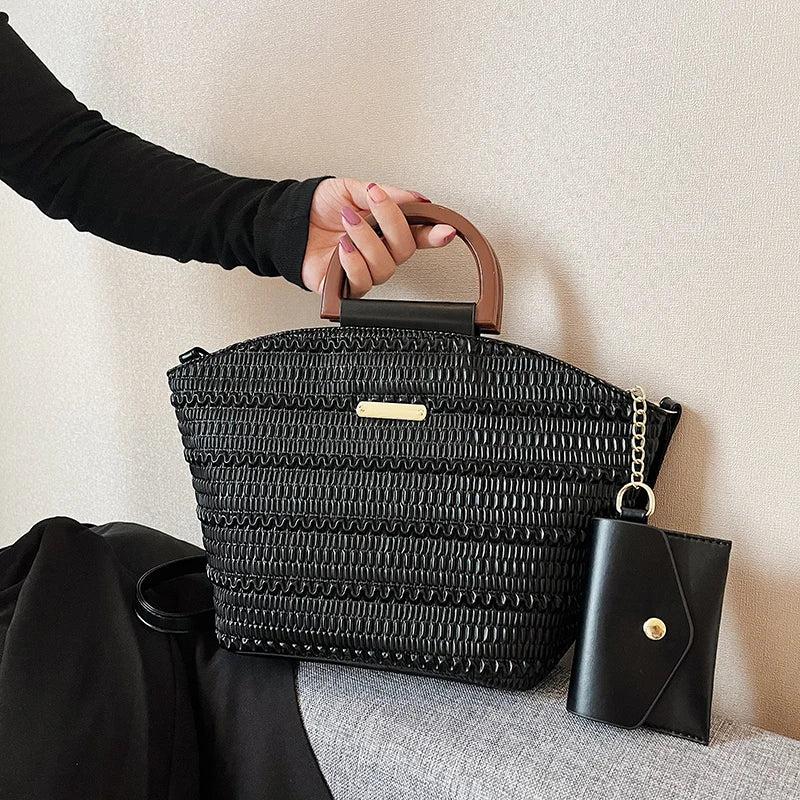 PU Leather Crossbody Bag Wooden Handle Tote for Party Cluth Purses