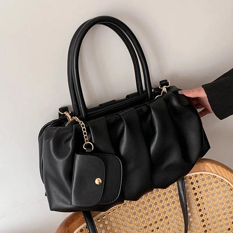 Women Large Capacity Fold Handbags Ladies Yellow Pu Leather Shoulder Bags