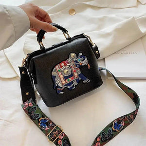 Vintage Embroidery Elephant Handbag Wide Strap Leather Women Shoulder Bag
