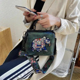Vintage Embroidery Elephant Handbag Wide Strap Leather Women Shoulder Bag